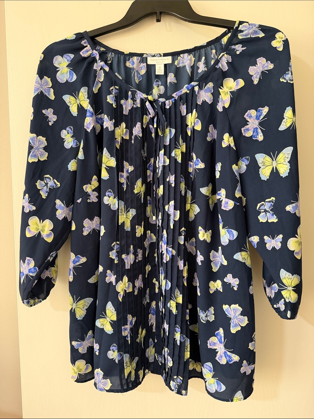 Charter Club Navy Butterfly Pleated Tie-Front Blouse